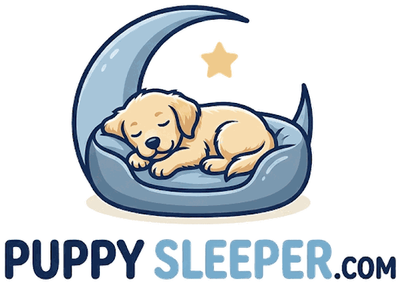 PuppySleeper logo: a puppy asleep in a bed tucked into a crescent moon